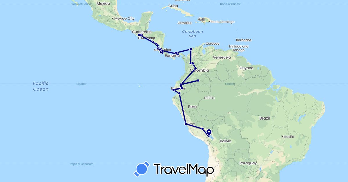 TravelMap itinerary: driving in Colombia, Costa Rica, Ecuador, Guatemala, Nicaragua, Panama, Peru (North America, South America)